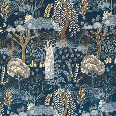 Baobab Tree of Life fabric in blue, gold, and off-white tones with botanical patterns, ideal for upholstery and curtains